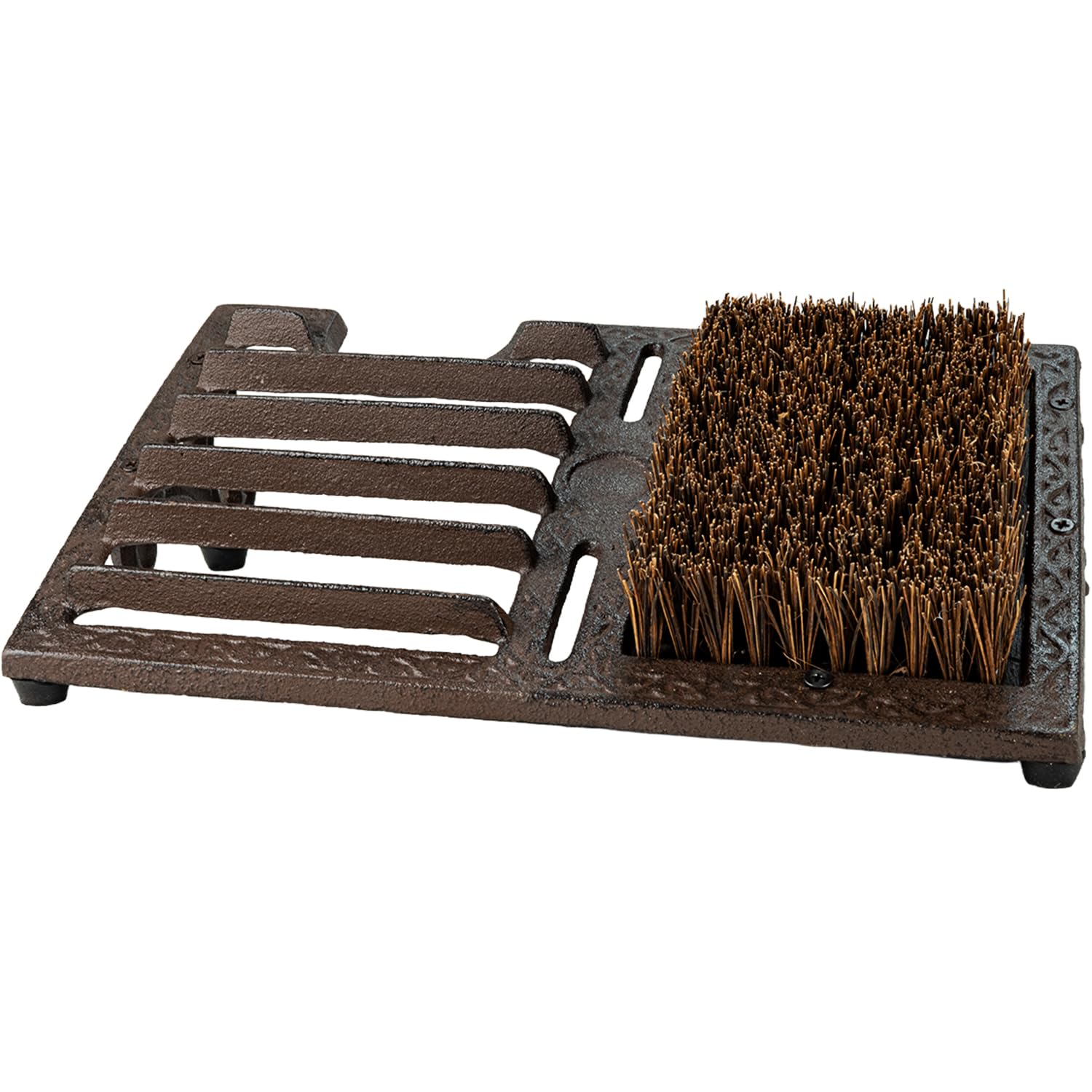 Woodside Cast Iron Boot Scraper Brush Vintage Style with Cleaning Bristles | Heavy-duty iron construction with rubber feet, ideal for entrances, porches and boot rooms to remove dirt from footwear.