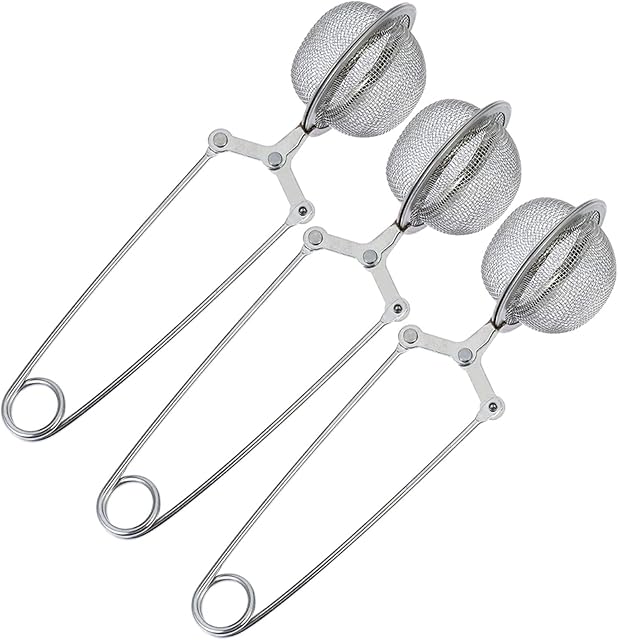 Opopark 3 Pieces Snap Ball Mesh Tea Infuser with Handle for Loose Leaf Tea and Mulling Spices, Stainless Steel Tea Strainers for Tea Coffee Beans Spices and Spices