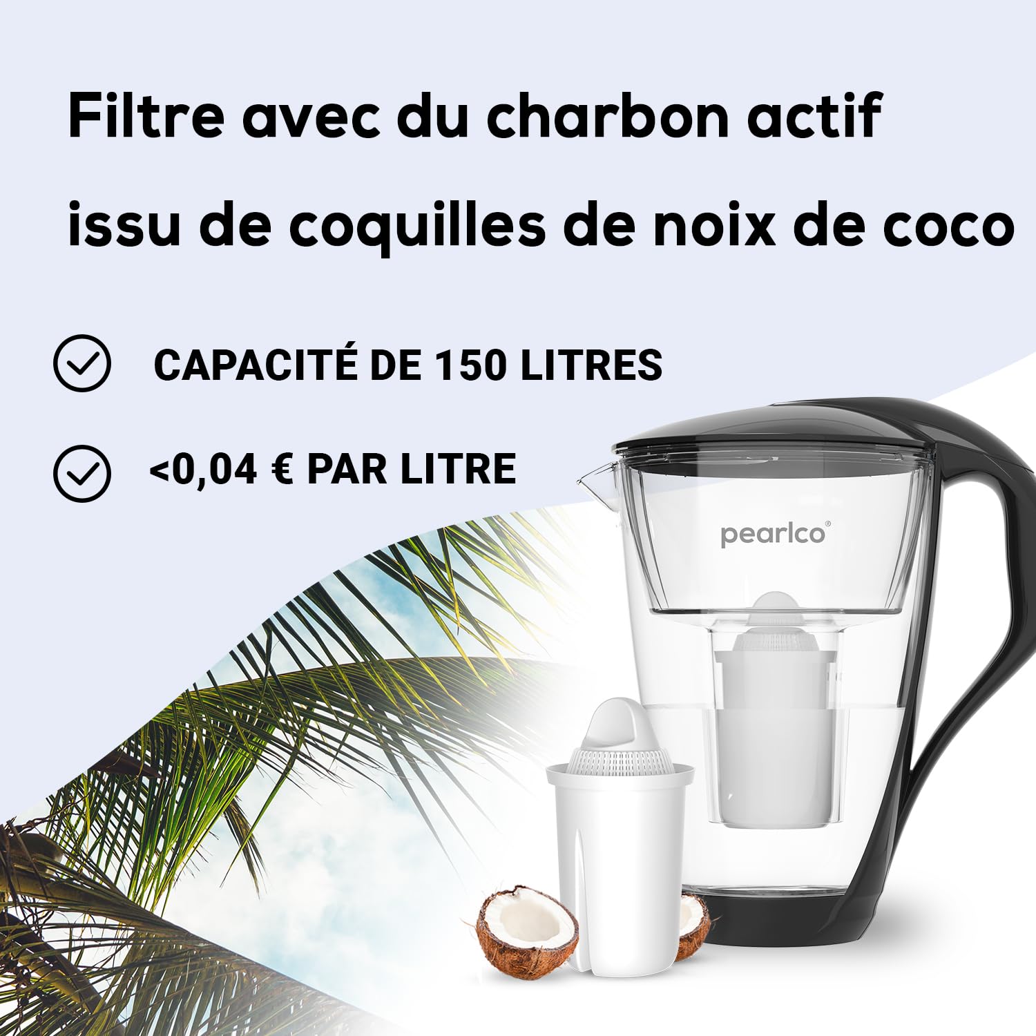 PearlCo - Carafe avec filtre à eau en verre - anthracite - 6 cartouches Universal classic incluse (compatible avec Brita Classic)