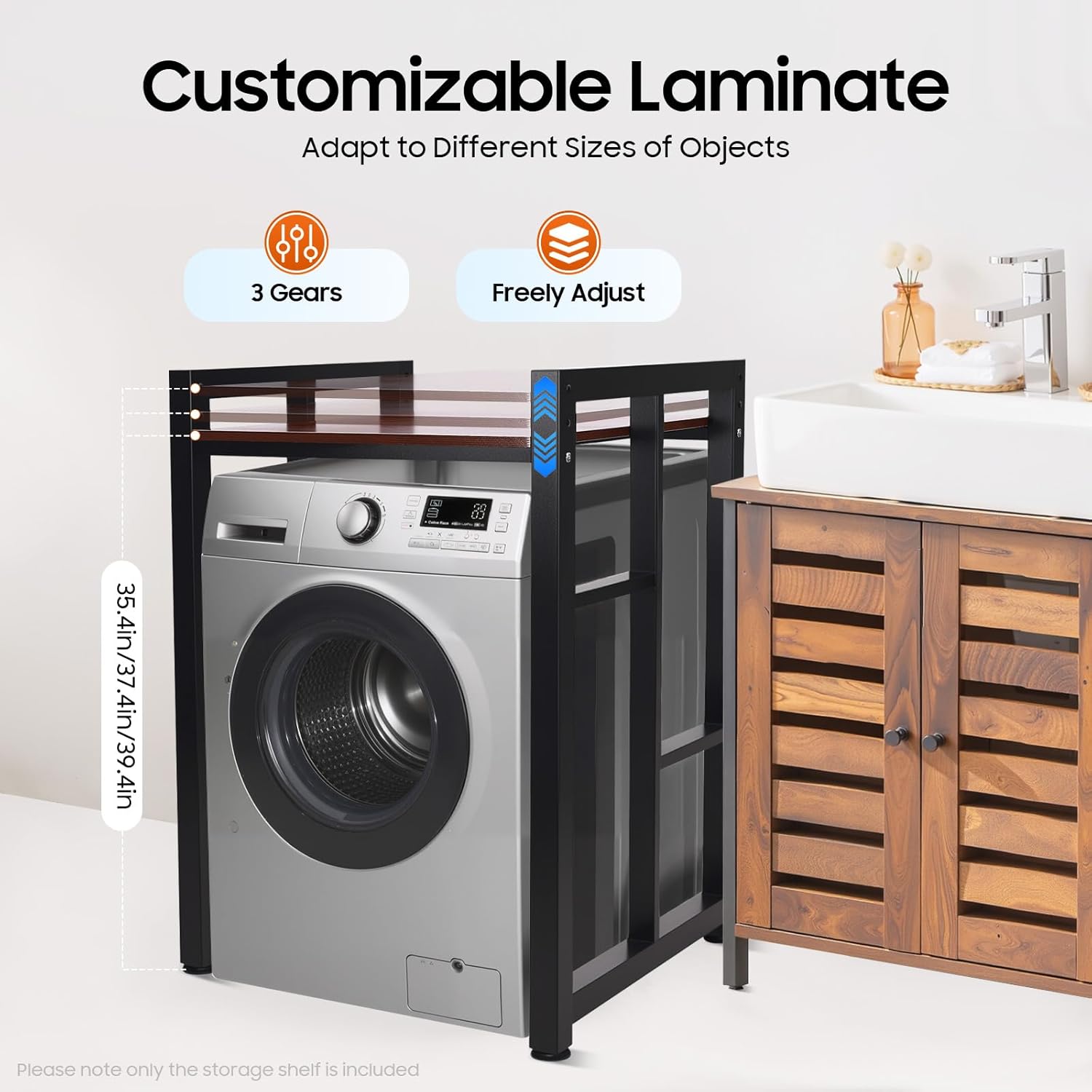 Washer and Dryer Stand, Laundry Room Organization and Storage with Guardrail, Floor Mount Space Saver Stackable Storage Shelf for Laundry Room Apartments (Black+Teak Color)