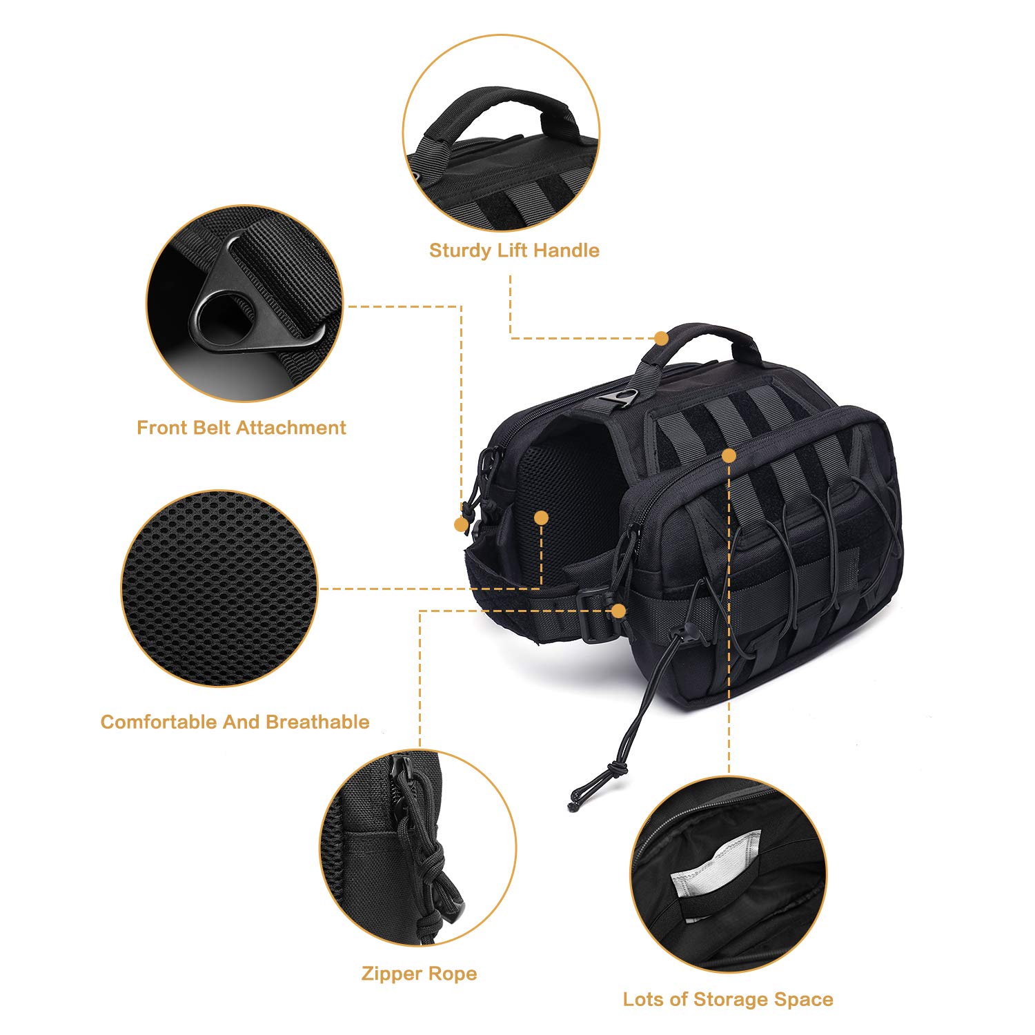Petmolico Mochila para perro, mochila para perro, arnés para perro, senderismo, viajes, camping, mochila con bolsillos laterales y correa ajustable para perros medianos y grandes, color negro
