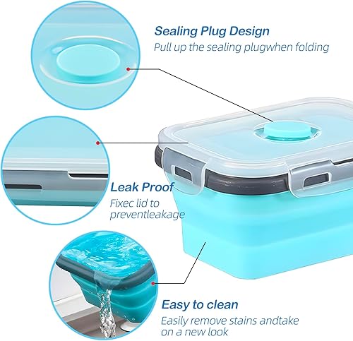 Miniatura 4 de GEMLORD 10 recipientes plegables de almacenamiento de alimentos de silicona con tapas herméticas, 5 piezas rectangulares y 5 cuencos redondos para