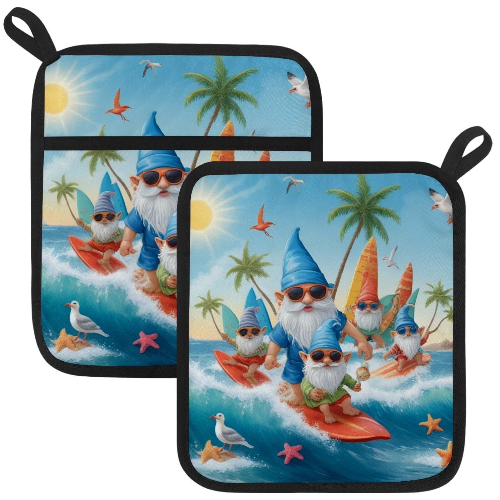 VAPOKF Cute Surfing Gnomes Pot Holder, Heat Resistant Oven Cloths, Potholders & Oven Gloves, for Kitchen Cooking & Baking, Thick & Safe, Protection of Hands From Hot Utensils