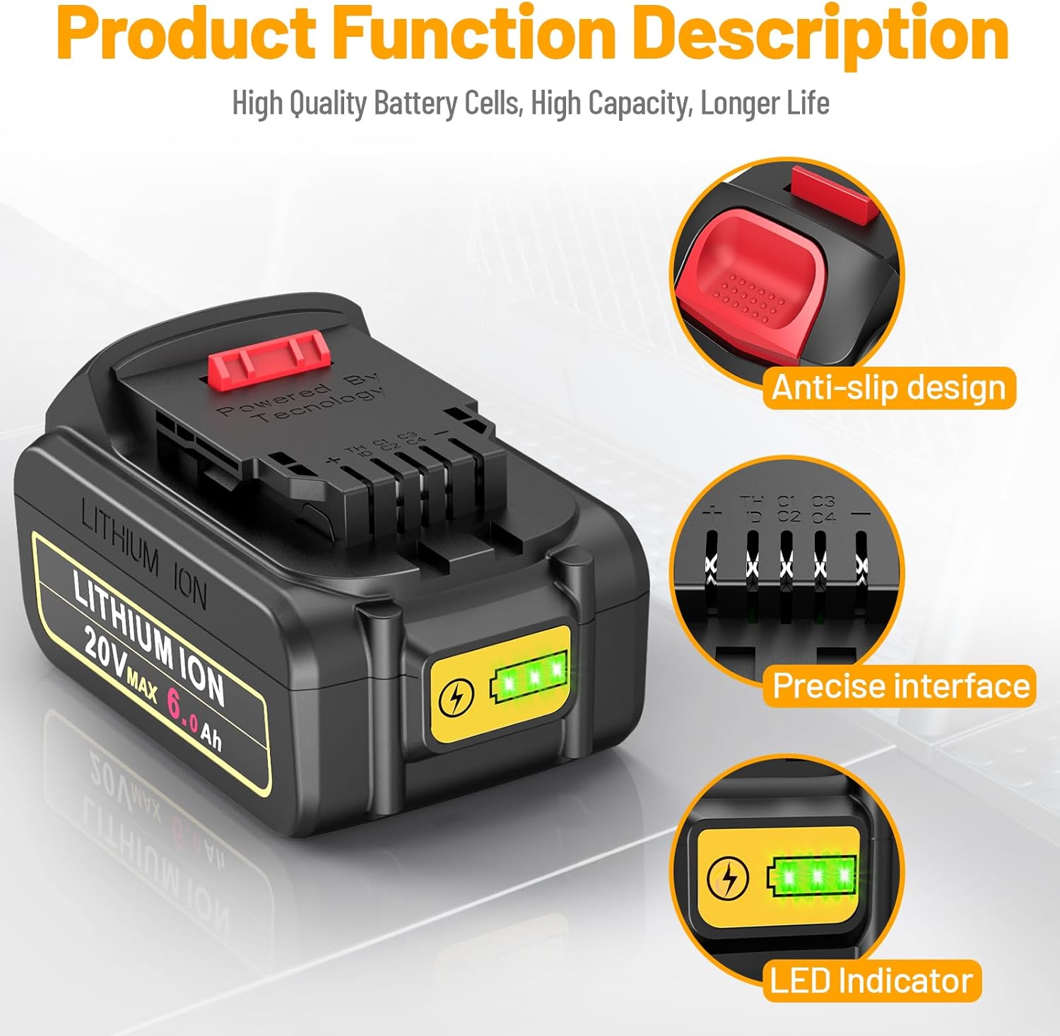Futurebatt 20V Lithium Ion Battery Replacement for Dewalt 20V Max 6.0Ah Compatible with Dewalt Batteries DCB205 DCB206 DCB207 DCB204 DCB201 DCB200 DCD DCF DCG Series Cordless Power Tools (1 Pack)