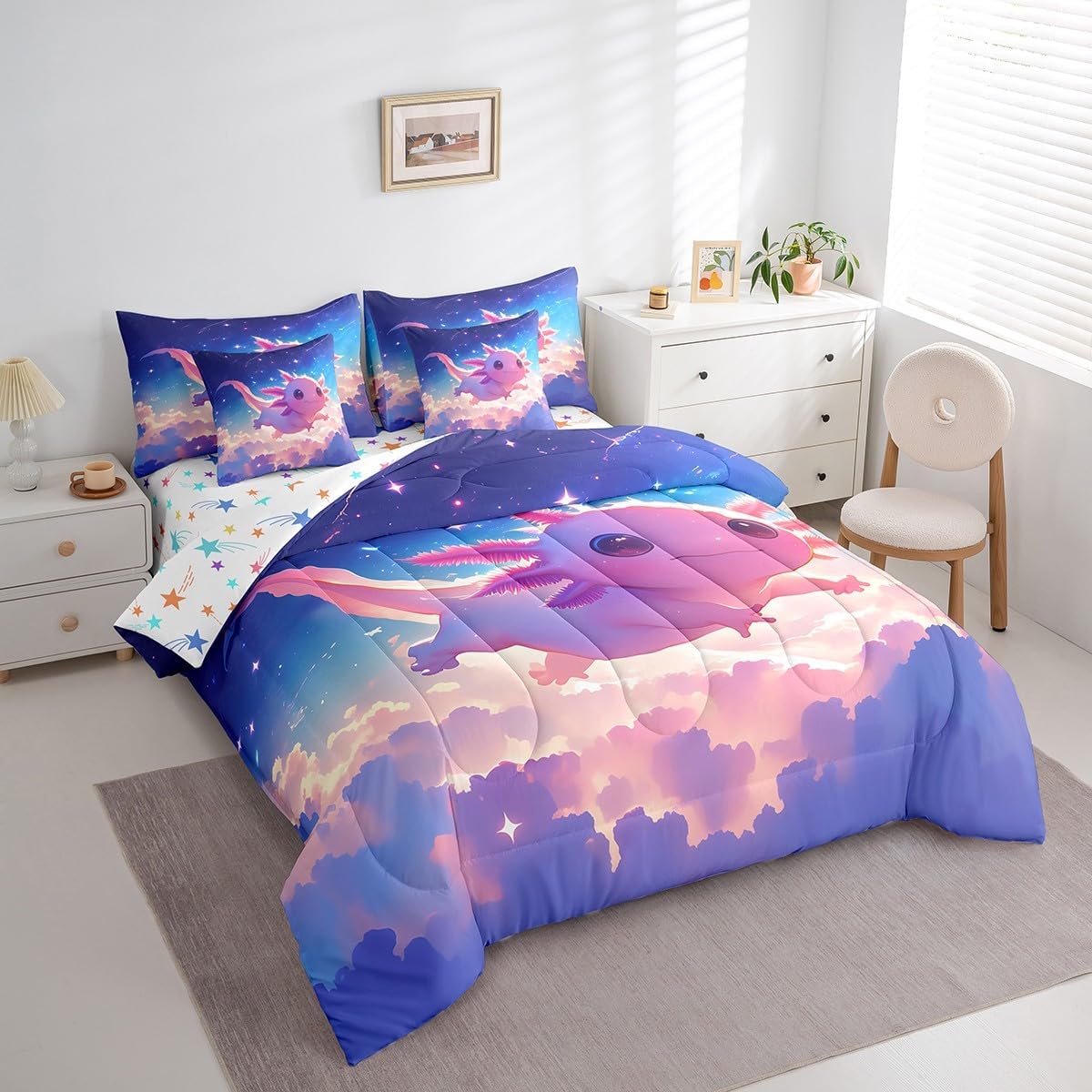 Feelyou キッズ キュート Axolotl 寝具7点セット ツインサイズ、漫画のサラマンダーベッド バッグ入り ギャラクシー