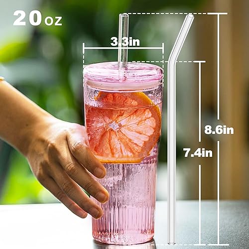 Miniatura 3 de Juego de 2 tazas de café de vidrio con tapas y pajitas, vasos de 20 onzas para agua helada, color rosa, para jugo de hielo, té, leche, licuado de