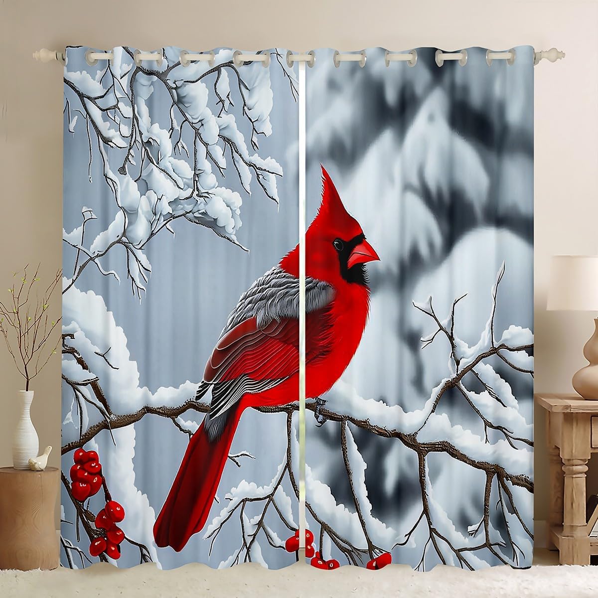 Feelyou Red Cardinal Room Darkening Blackout Curtain (2 Panels, 52 x 63 Inch) Christmas Curtains for Bedroom Living Room Berries and Cardinals Pattern Blackout Curtains Window Treatments
