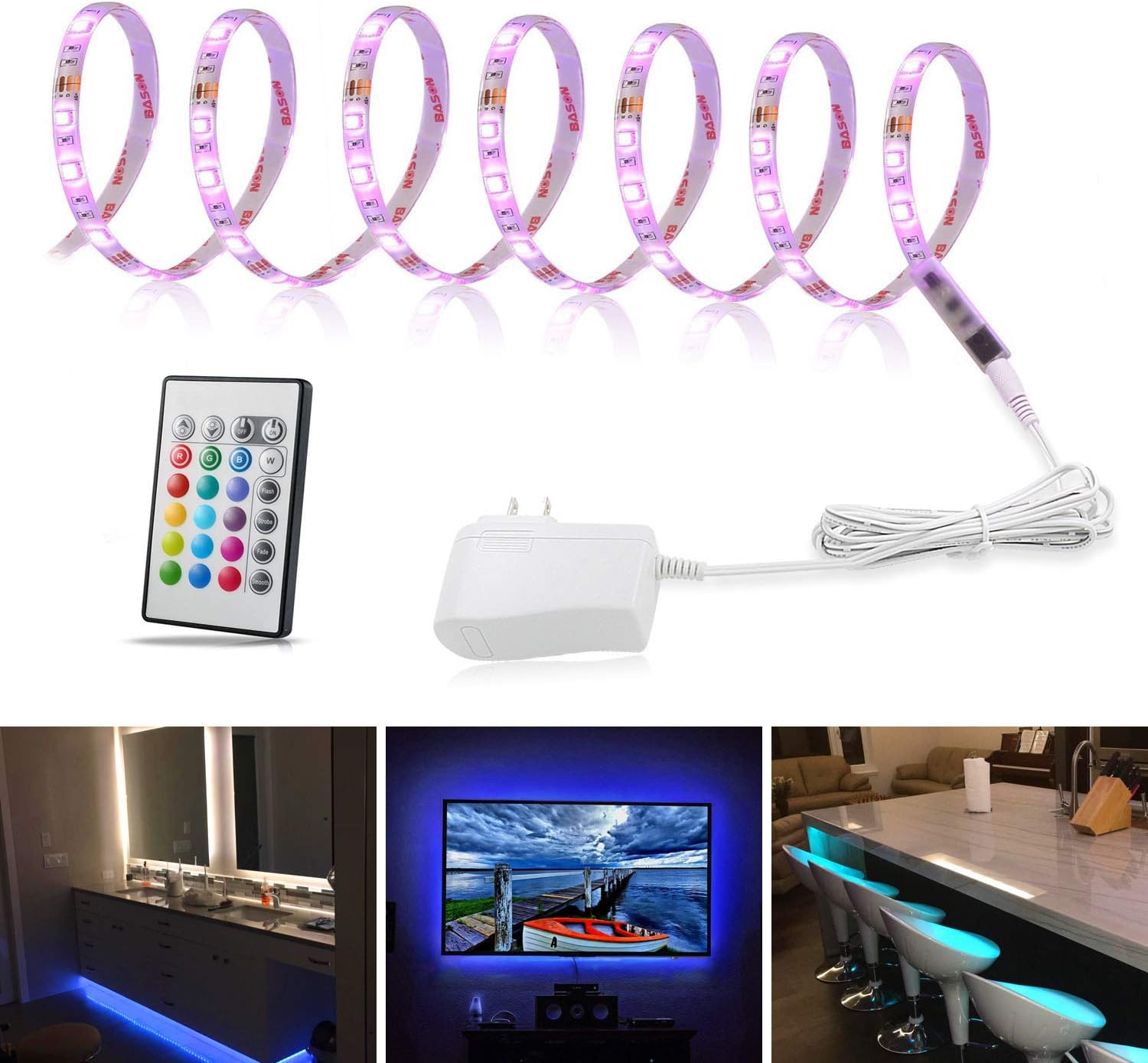 LED Strip Lights, WOBANE 9.8ft Multi-Color Tape Light Kit with 24-Key Remote Control, LED Color Changing Lights for Bedroom, Room, Kitchen, Home Mood Lighting,DIY Decoration