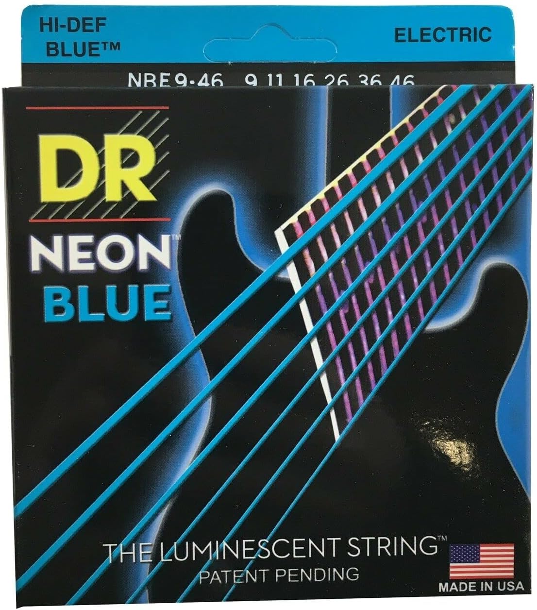 Dr HiDef blue, neon, Lite-N-Heavy 009”, 011”, 016”, 026”, 036", 046" string set for electric guitar, fluorescent, glow in the dark