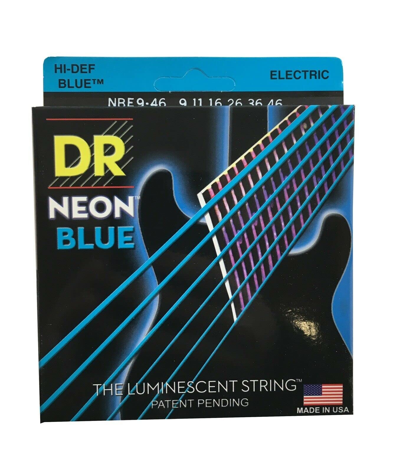 Dr HiDef blue, neon, Lite-N-Heavy 009”, 011”, 016”, 026”, 036", 046" string set for electric guitar, fluorescent, glow in the dark