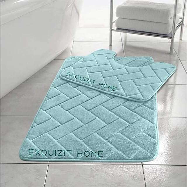 EXQUIZIT HOME Block Bath Mat Set Memory Foam Pedestal Set Bathroom Rug 2 Piece Soft Absorbent Non Slip Aqua Bath Mat (50CM X 80 CM) & Pedestal Mat (50CM X 40 CM) Approximate
