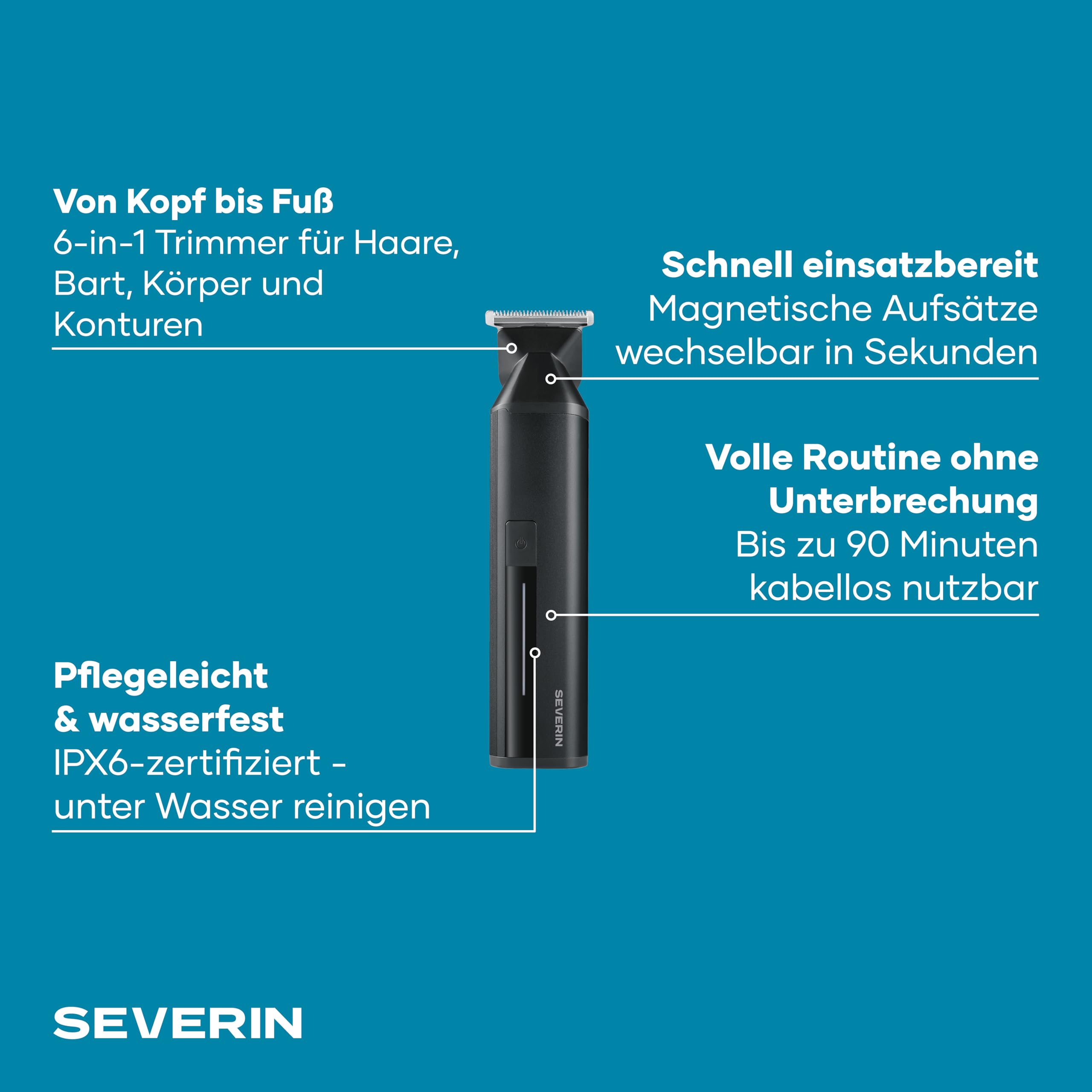 Severin Multi Grooming Set, Haarschneidemaschine, Barttrimmer, Körpertrimmer, Nasenhaartrimmer, Herren, wasserdicht, kabellos, 90 Min. Akku, 6 in 1, 3/6/9/12 Schnittlängen, schwarz, HS 0710