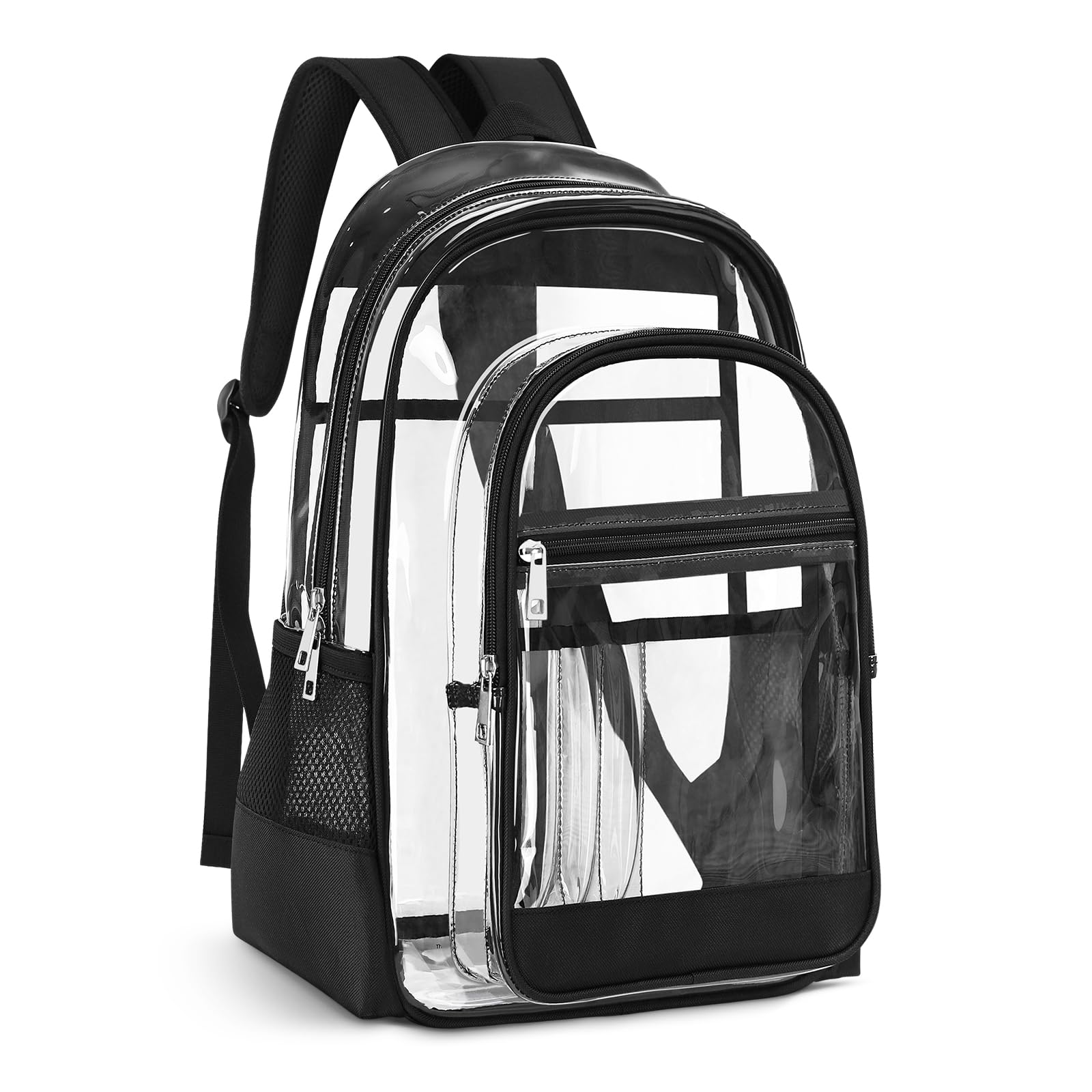 Clear Backpack, Heavy Duty PVC Transparent Backpack with Reinforced Straps, See Through Multiple Pockets Large Capacity Bookbag for Concert Sport Event Work Security Travel Black-large