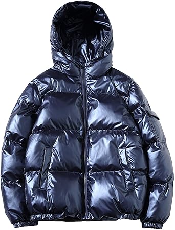 Mens Solid Color Metallic Jackets with Hood Full Zip Down Alternative Padded Coat Winter Quilted Puffer Jacket Blue,X-Large