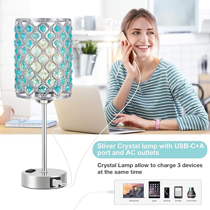 Lámpara de Mesa Noche Hong-in Azul con USB y Táctil 3 Niveles miniatura 2