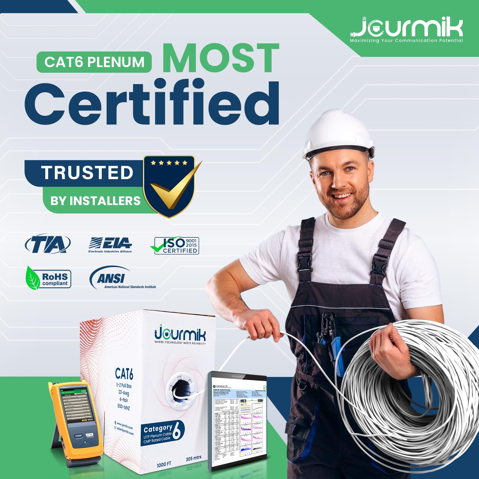 Jourmik | Câble plénum Cat6 de 304,8 m | Certifié DSX-8000, 23AWG, UTP, 550 MHz, 10 Gbit/s | Câble Ethernet CMP 100 % résistant au feu | Câble Ethernet Cat 6 le plus certifié pour la mise en réseau