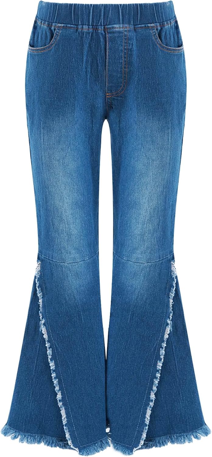FEESHOW Little Girls Mid Waist Denim Jeans Bell Bottoms Toddler Kids Ruffle Flare Pants Leggings Trousers
