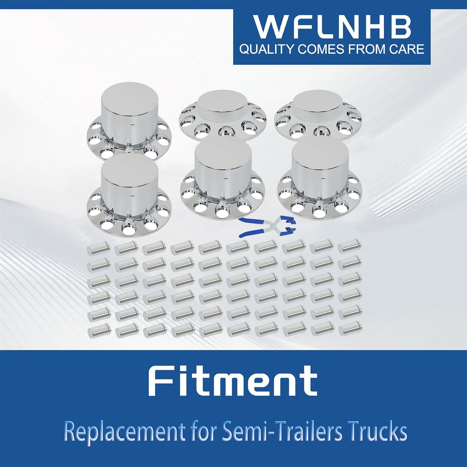 WFLNHB Chrome Hubcap Covers Kit 2 Front 4 Rear 33mm Flat Lug Nuts Replacement for Semi-Trailers Trucks