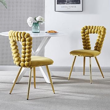 Dining Chairs Set of 2, Modern Velvet Accent Chair, Creative Ball Backrest, Upholstered Vanity Chair, Gold Legs for Dining Room, Kitchen, Living Room, Bedroom, Restaurant, Bar, Studio, Yellow