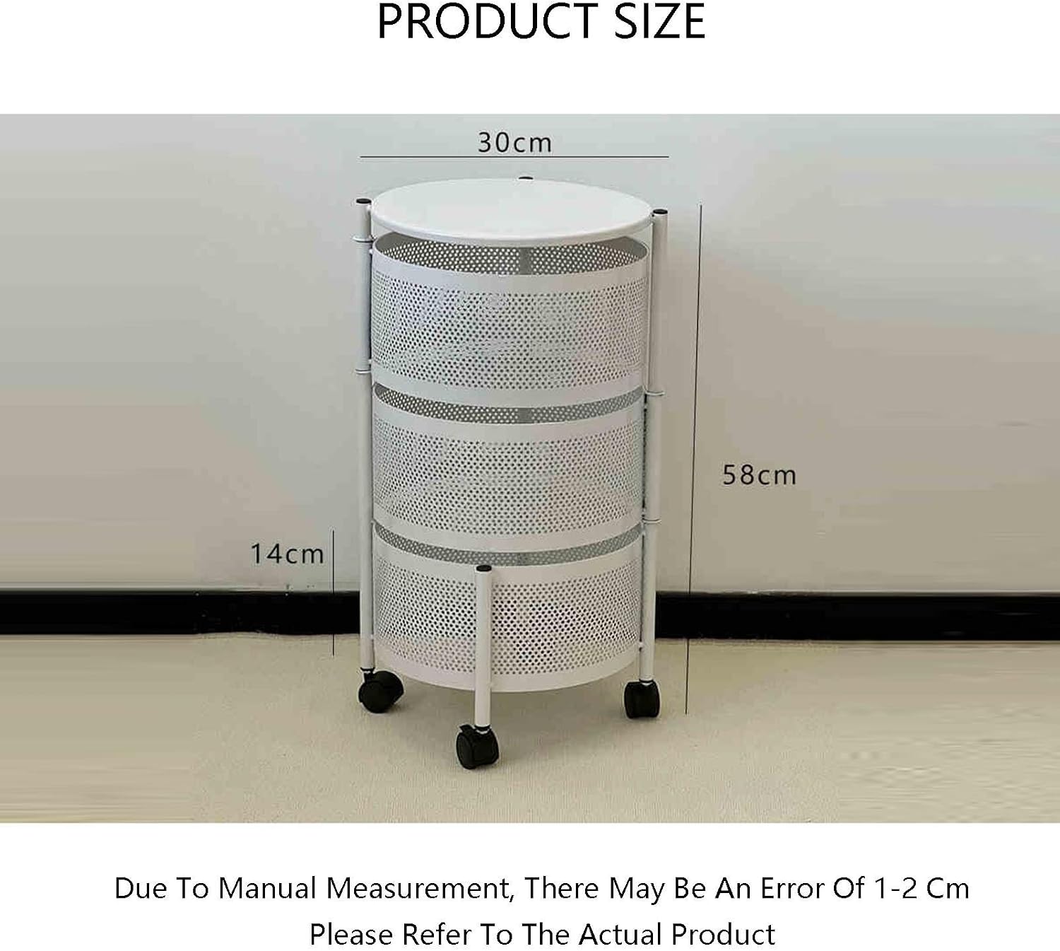 Rotating Fruit and Vegetable Shelf,3 Tiers Storage Rotating Basket,Round Bathroom Shelf with 4 Wheels,Strong Load-Bearing Capacity