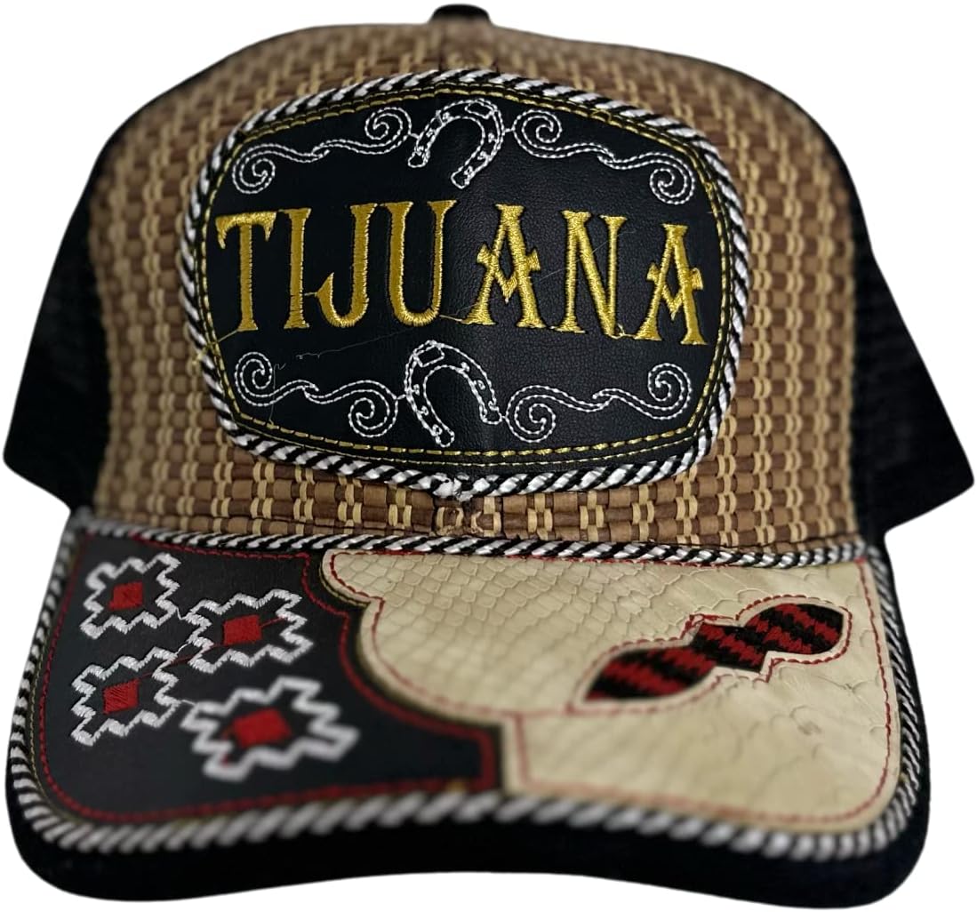 Straw Design Rodeo Cowboy with Mexican State Trucker Mesh Baseball Cap Gorra Artesanal con Bordado del Estado