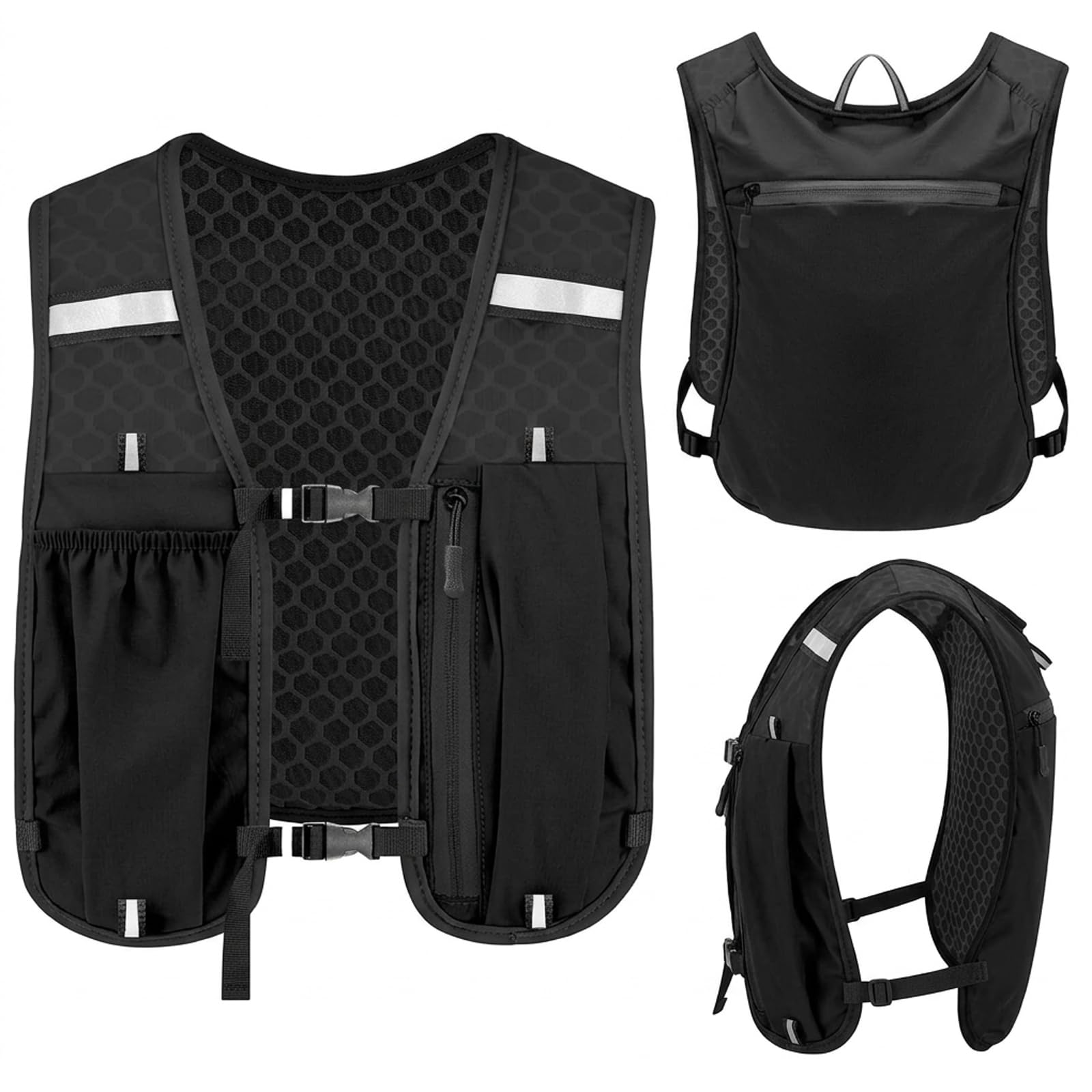 Running Vest with Water Bottles, Hydration Pack for Trail Running and Hiking, Adjustable Storage Compartments with Reflective Details for Outdoor Activities, Black Colour One Piece