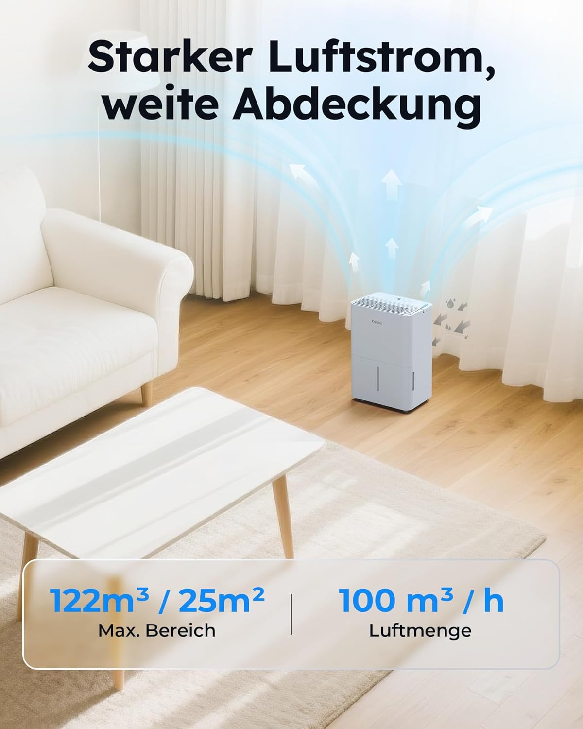 Kresico dehumidifier demonstrating strong airflow and wide coverage.