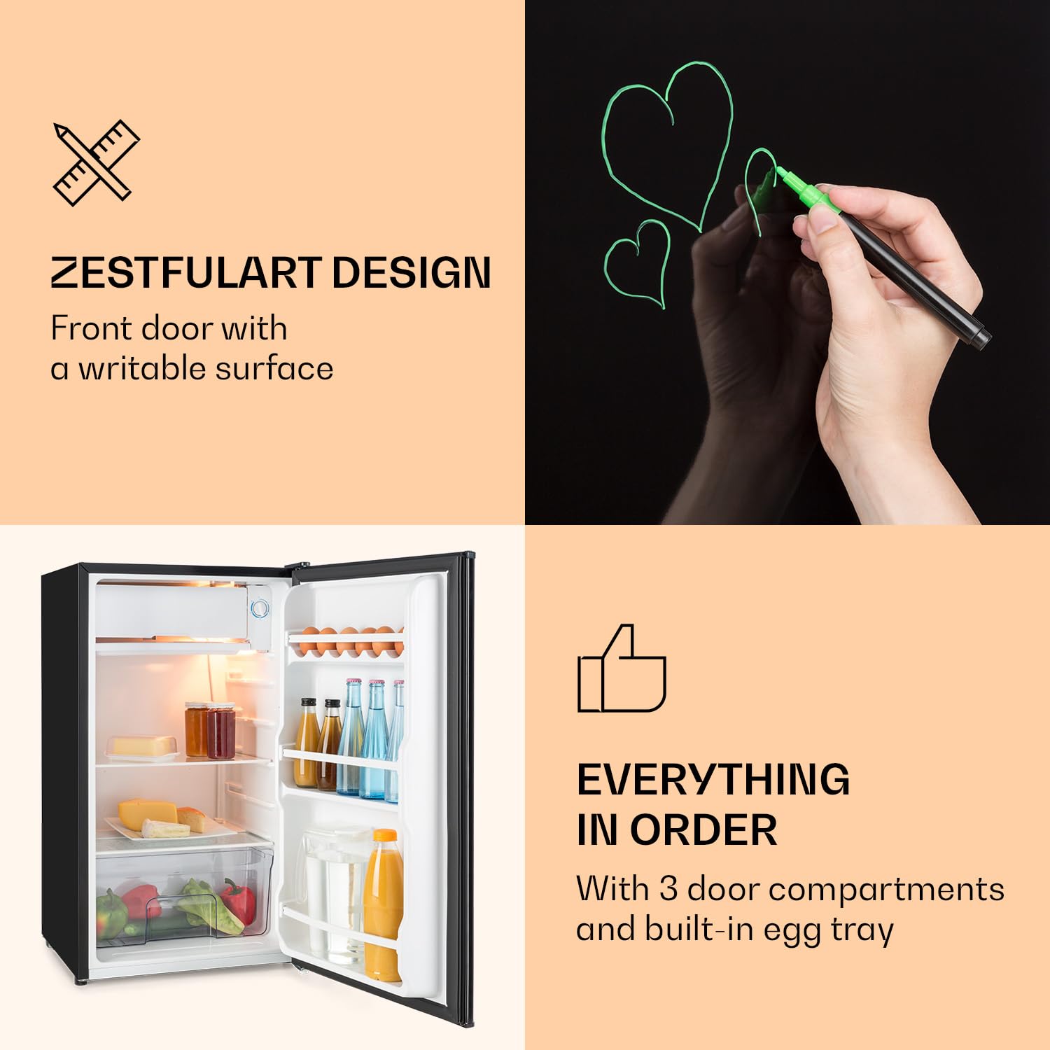 KLARSTEIN Spitzbergen - Frigorífico, clase de eficiencia energética E, compartimento congelador, diseño ZestfulART: Puerta escribible con marcador, 2 compartimentos en la puerta, Negro