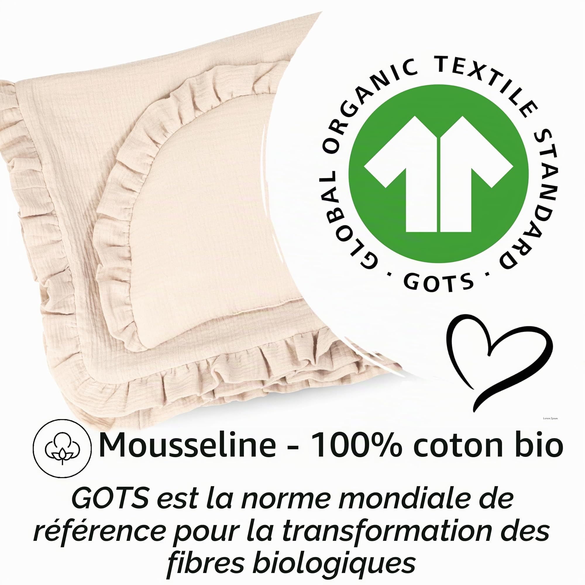 PinkZebra Parure de lit en mousseline avec volants pour bébés nouveau-nés, douce taie d'oreiller plate + couverture 4 épaisseurs en 100% coton bio, Beige