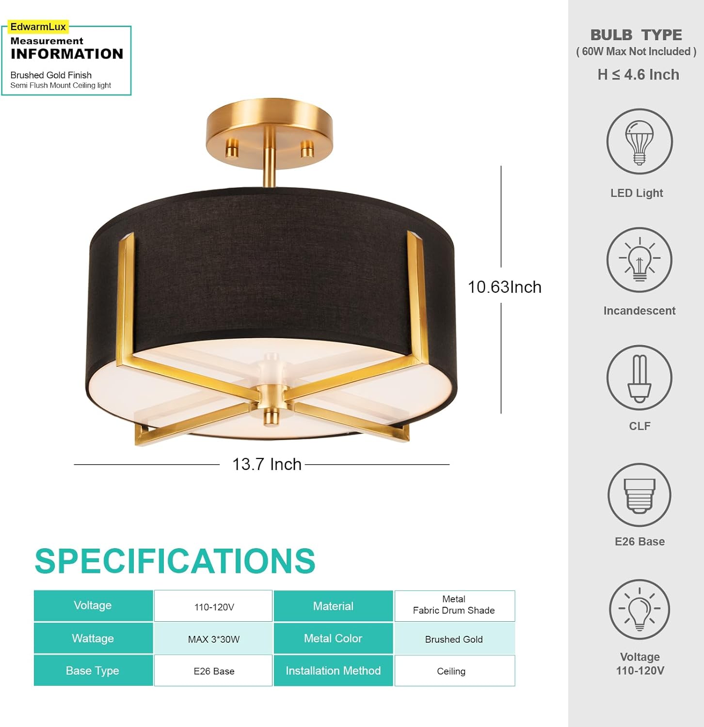 Edwarmlux 3-Light Semi Flush Mount Ceiling Light Fixture, 13.7" Gold Drum Light with Black Fabric Shade, Modern Close to Ceiling Lamp for Living Room Bedroom Dining Room Kitchen Hallway Entry Foyer