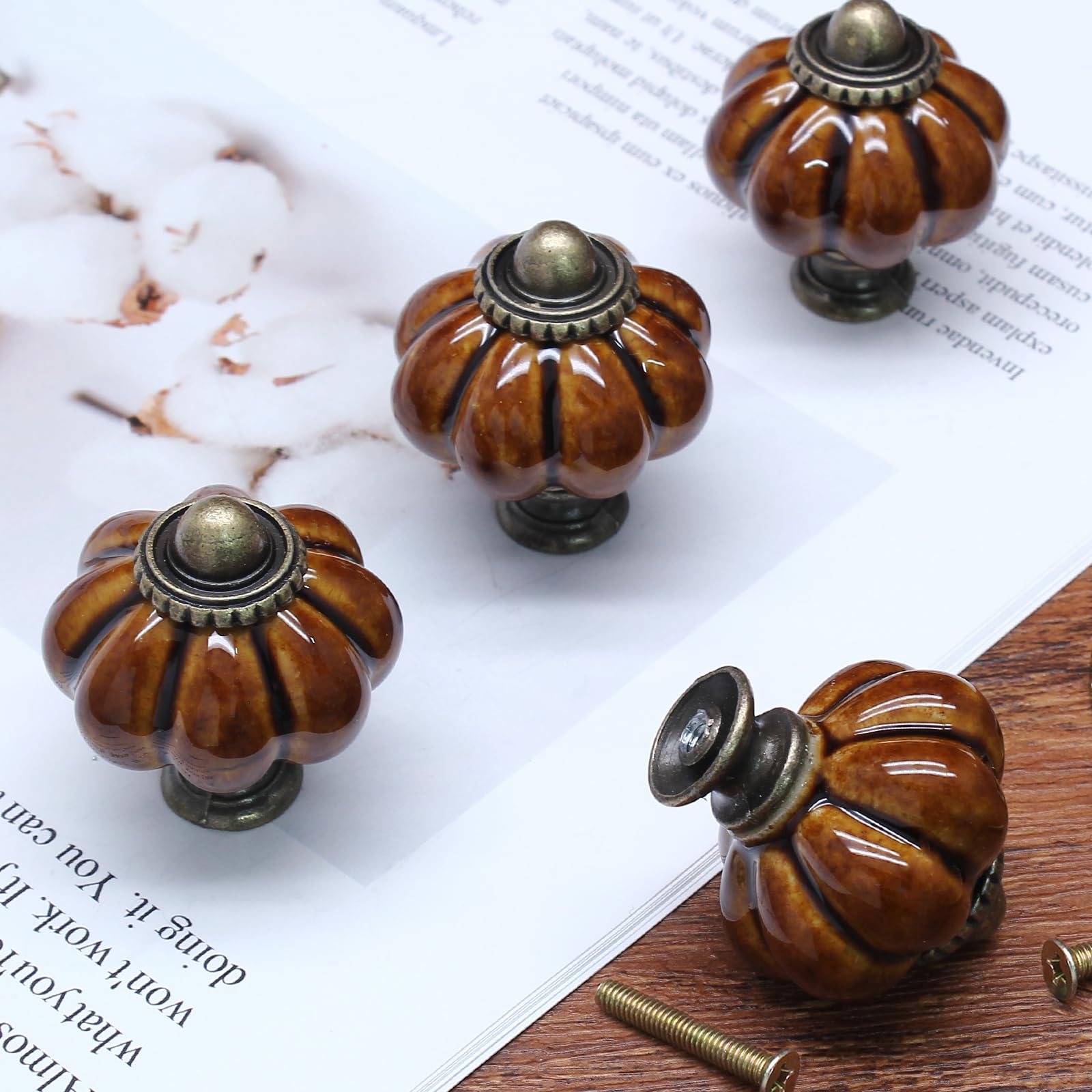 Confezione da 12 pomelli in ceramica marrone a forma di zucca, per armadietti, cassettiere, vintage, per mobili da toletta e armadio