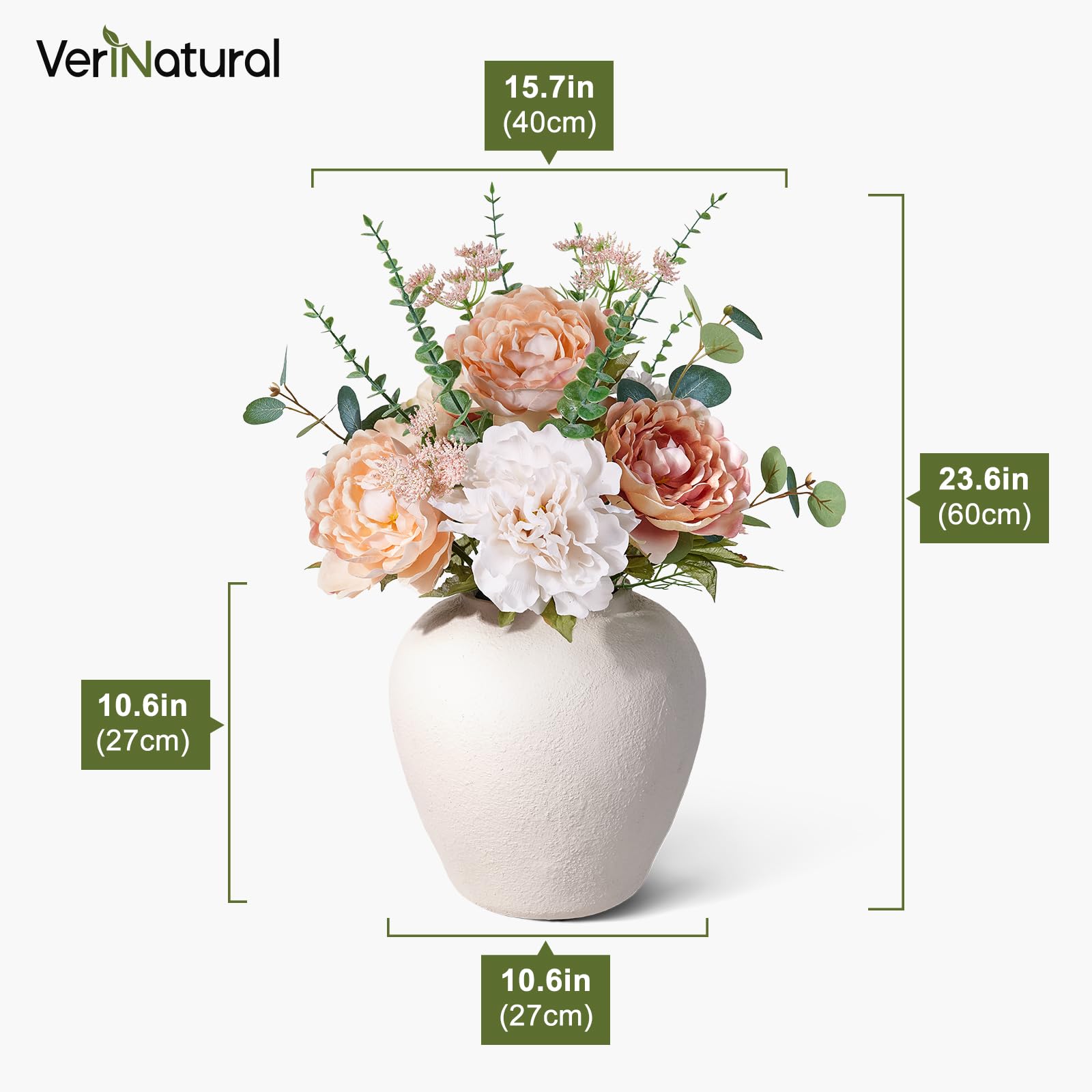 VeriNatural Künstliche Pfingstrose mit Tönerner Vase 55 cm Hellrosa Weiß | Kunstblumen wie Echt Seidenblumen künstliche Blumen für Draußen Wohnzimmer Balkon Hochzeit 1 Stück