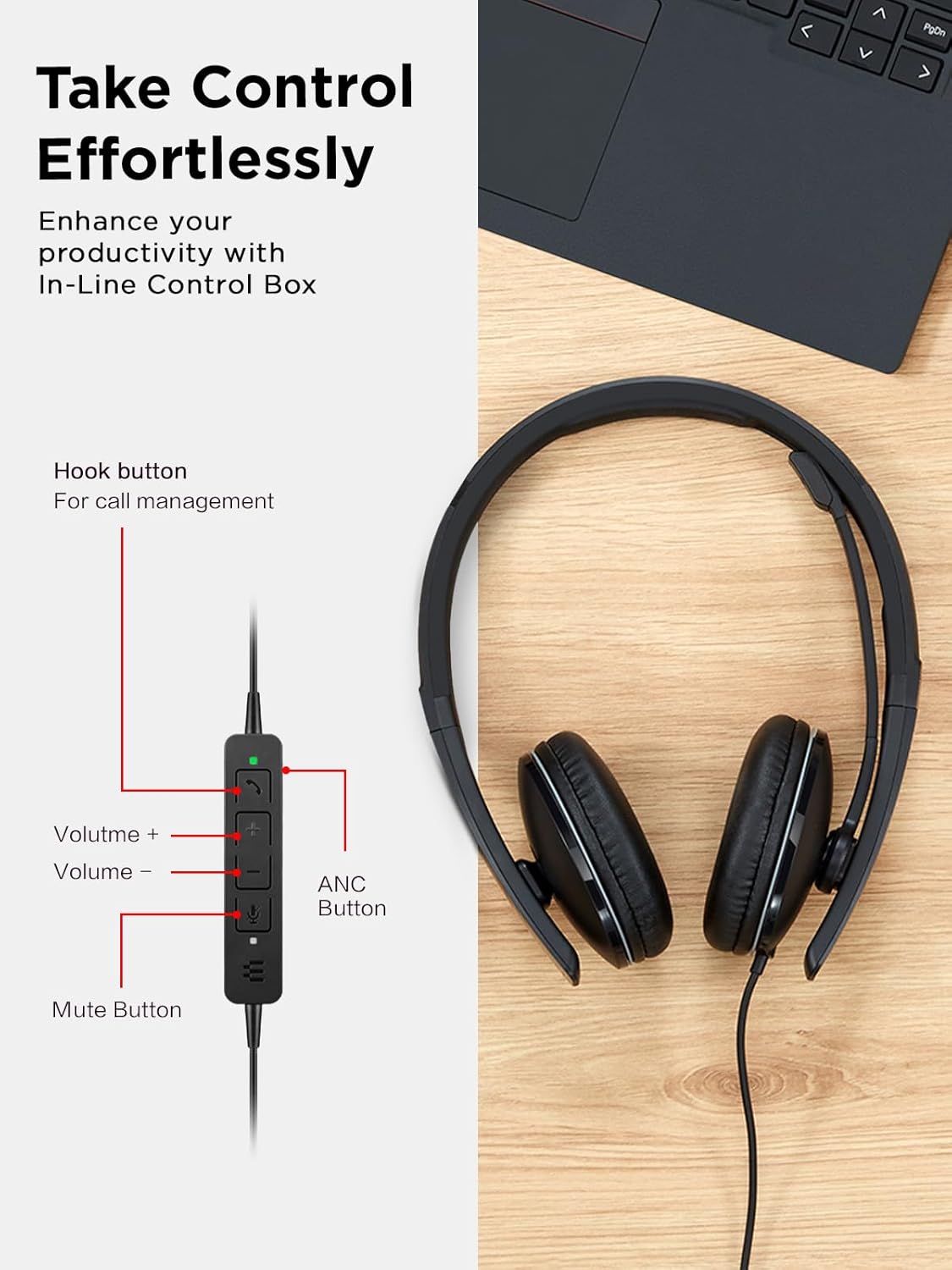 Diagram of Lenovo Wired ANC Headset Gen 2 (UC) inline control box