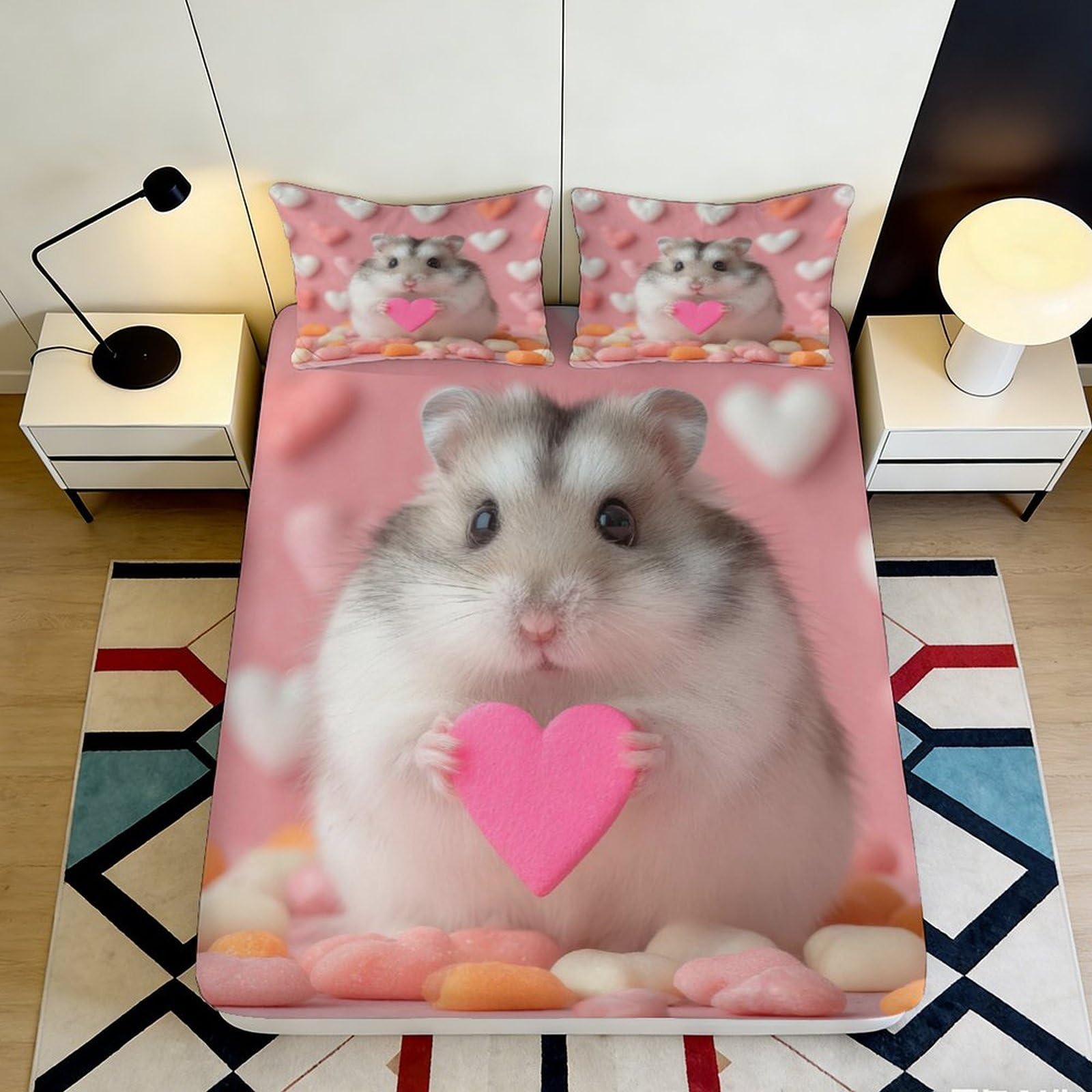 3D Printed Cartoon Hamster Fitted Sheet Microfiber Deep Pocket Elastic Hem Hamster Pattern Mattress Fitted Cover for Bedroom Bedding 90x200x25cm