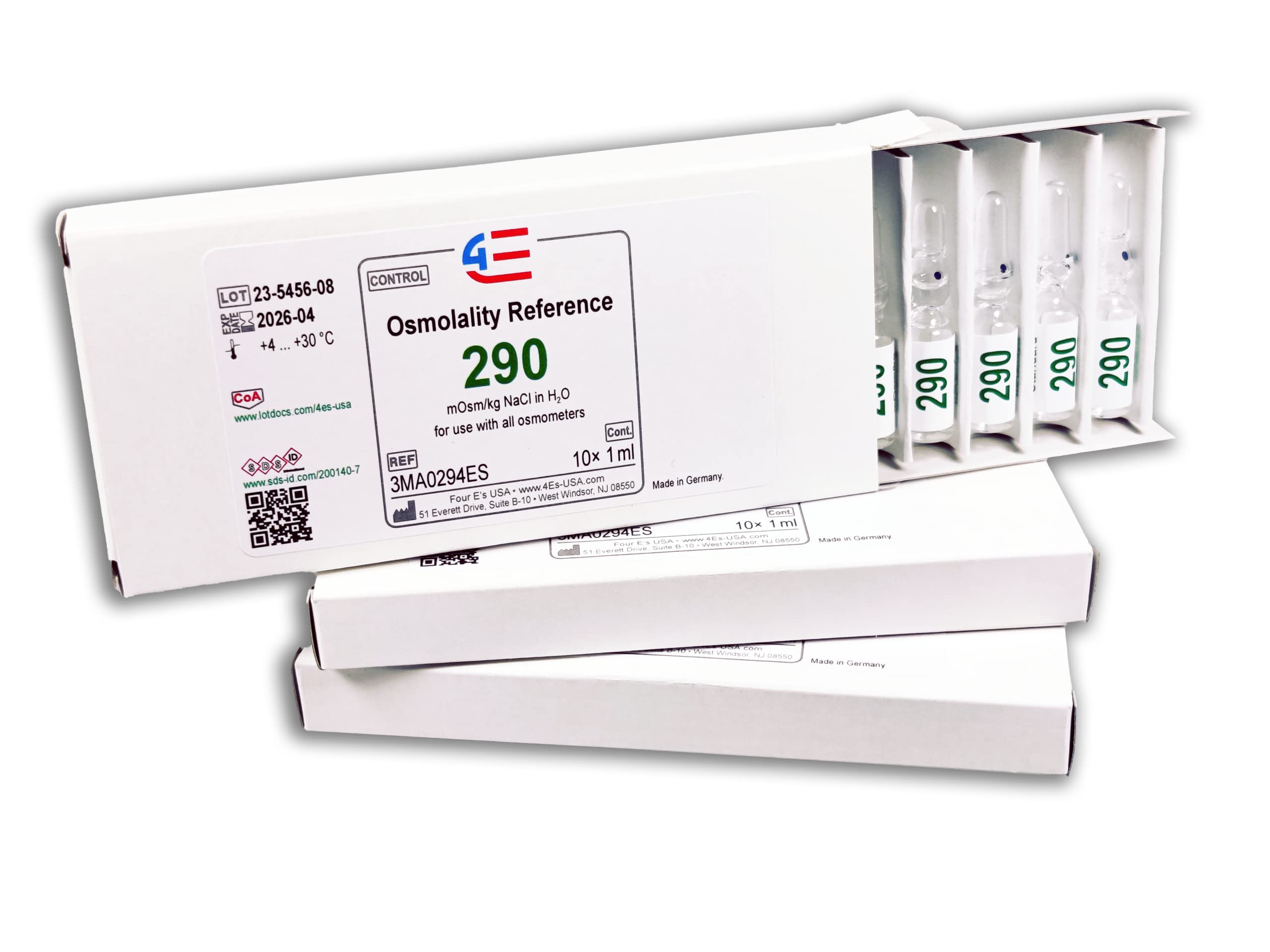 4E's USA Osmolality Calibration Standard 290 - Osmometer Reagent, 290 MOSM/KG H2O Calibration Standard, 10 Vials of Osmometer Calibration Reagent, Standard 290 mOsm/kg (10 x 1 mL)
