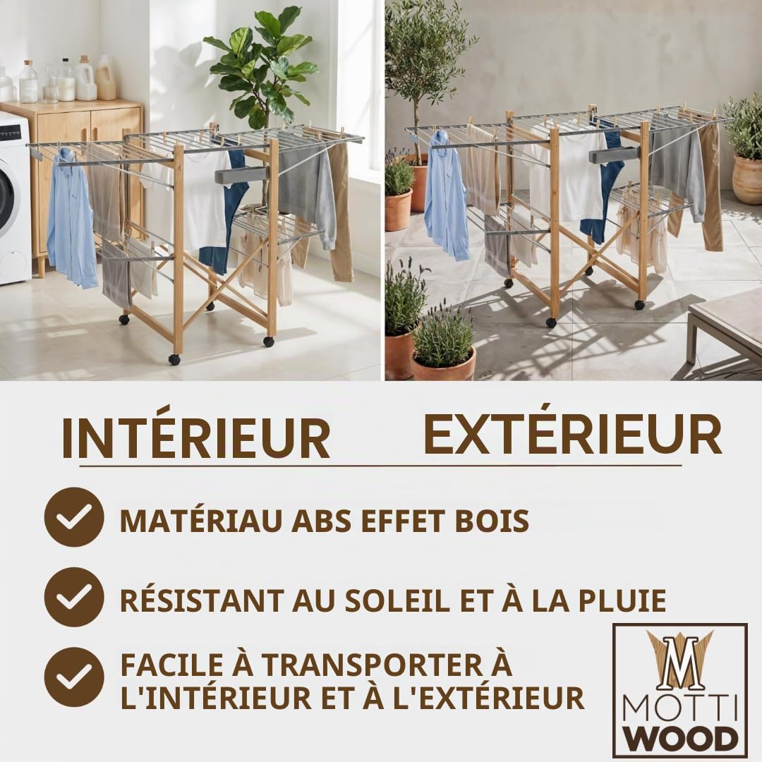 Séchoir à linge pliable XXL, 4 ailes latérales, maxi étendoir repliable et gain de place, 25 kg de linge, étendoir à linge intérieur et extérieur, 176 x 60 x 104 h cm, 4 roues pivotantes