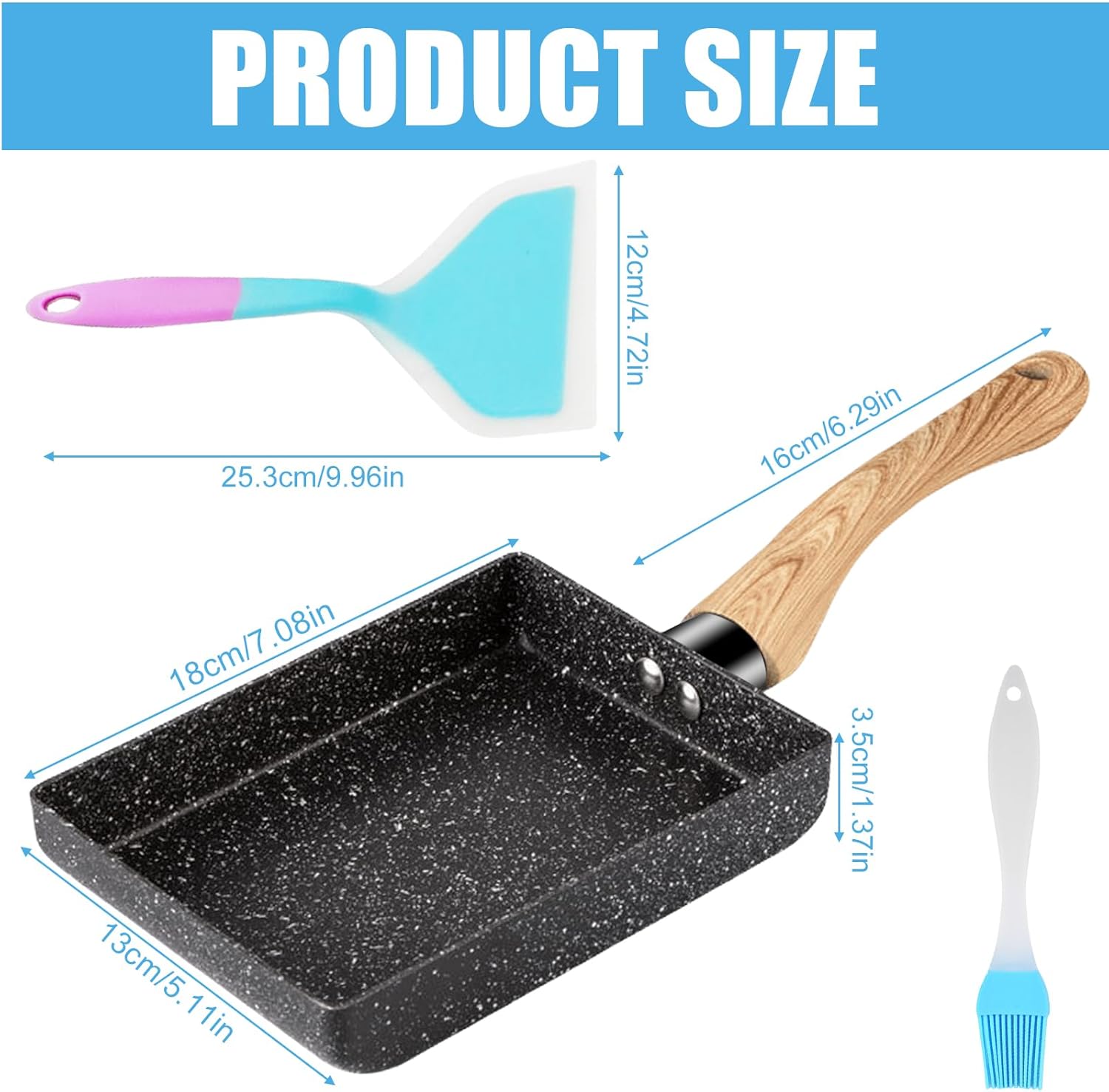 Tamagoyaki Japanese Rectangular Non-Stick Frying Pan, Suitable for All Hobs, Oven and Dishwasher, with Oil Brush, Silicone Spatula (18 x 13 cm)