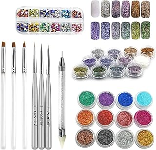 Rolabling Nail Art DIY Decoration Set 12 colors rhinestones & 24pcs Nail Art Glitter & 1pc Dotting Pen & 3pcs Nail Brush & 3pcs Nail Striping Brush