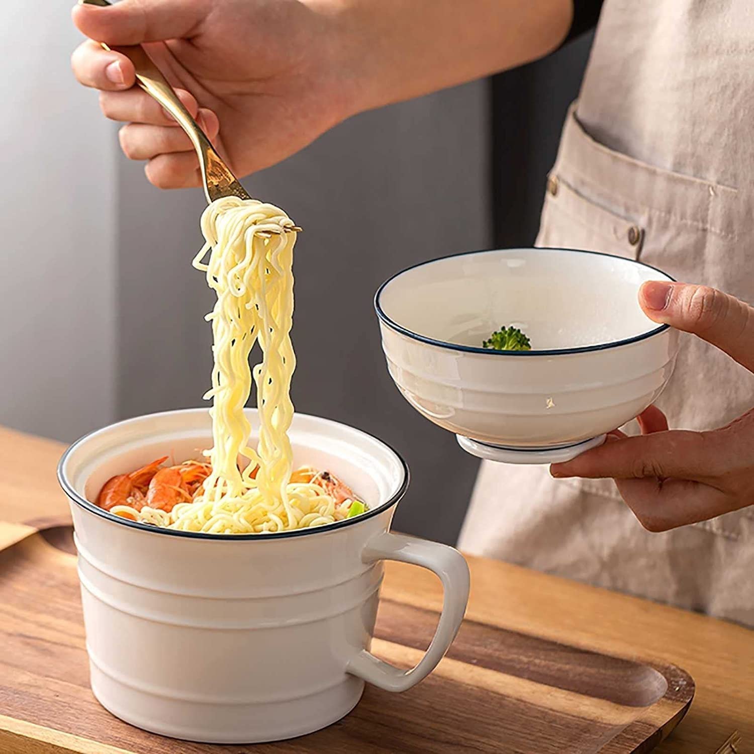 Instant-Nudelsuppenschüssel, Reisbehälterschüssel. Keramiktasse, große Instant-Ramen-Schalen mit Deckel, 900 ml tief, mit Griff, Lunchbox-Geschirr für Studentenwohnheime (Größe: Schüssel-Set)