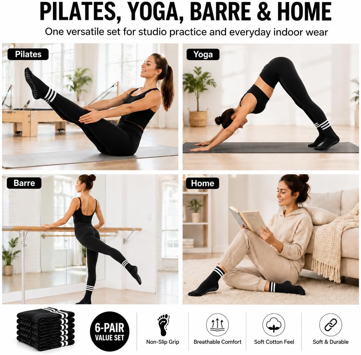 Women's 100% Cotton Pilates Grip Socks, Multi-Pack Long Crew Non Slip Yoga Socks for Reformer, Barre, Studio & Home
