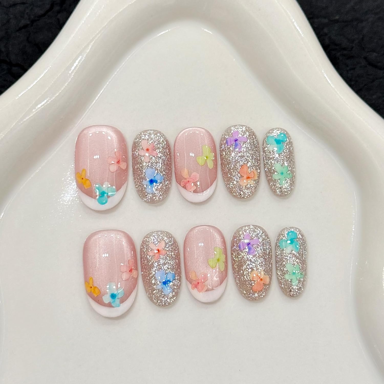 Handcrafted Floral Cat Eye Press On Nails, Short Oval Style for Spring/Summer (XS)