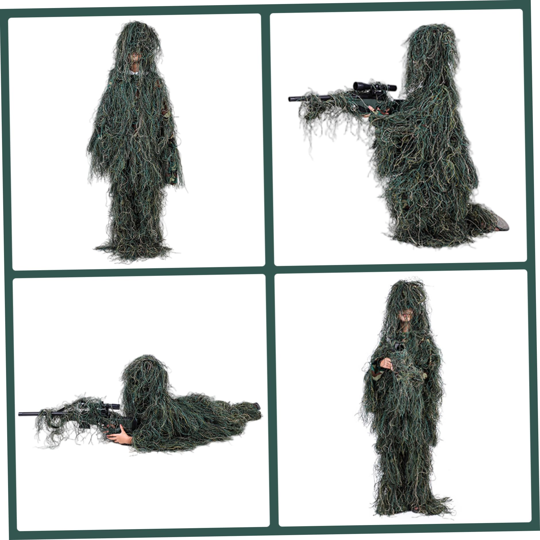 Ghillie Suit per bambini Altezza 43, 31-51, 18 pollici, Tuta mimetica 3D traspirante 5 in 1, Abbigliamento da caccia con giacca, pantaloni, cappuccio, borsa per il trasporto, giocattoli e giochi.