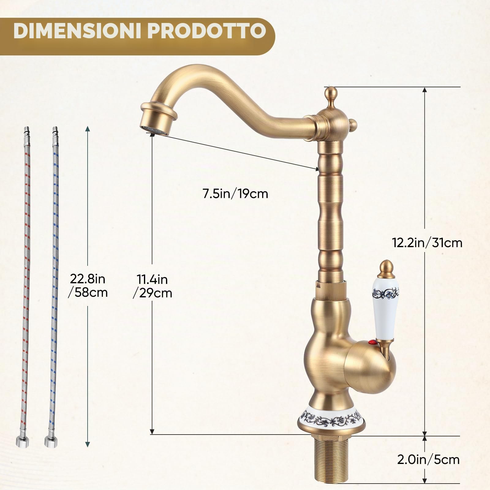Rubinetto Cucina Ottone Antico Monocomando,Rubinetto Bagno Lavabo Vintage Monocomando in Ceramica,rubinetti stile antico,Calda e Fredda del Rubinettoda Cucina O In Bagno,Girevole a 360°,Bronzo