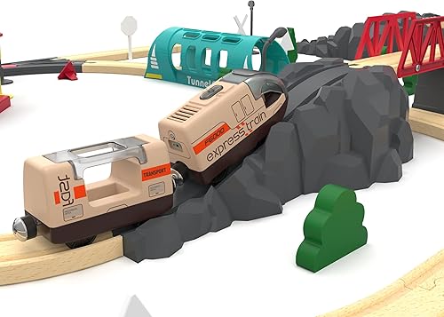 Miniatura 9 de Tren eléctrico para pista de madera, juguete de tren de control remoto, tren motorizado y túnel con efecto de voz y luces, juego de tren de