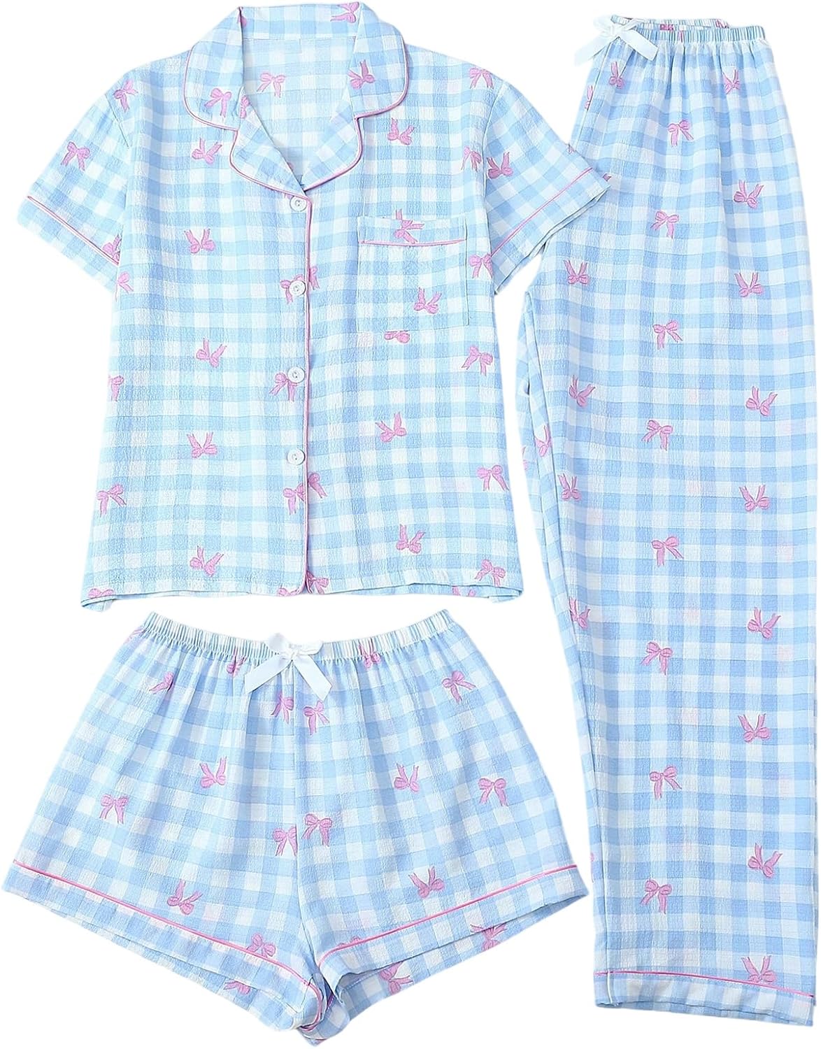 Verdusa Women's 3 Piece Cute Bow Plaid Pajama Set Button Down Short Sleeve Top and Shorts with Pants