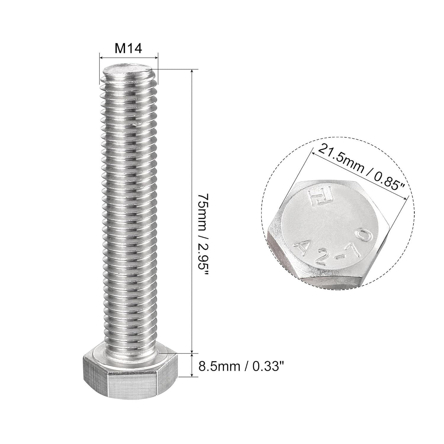 uxcell M14 Hex Bolt M14-2 x 75mm 304 Stainless Steel 4.8 Grade Fully Threaded Hexagonal Head Screw Bolts 4pcs