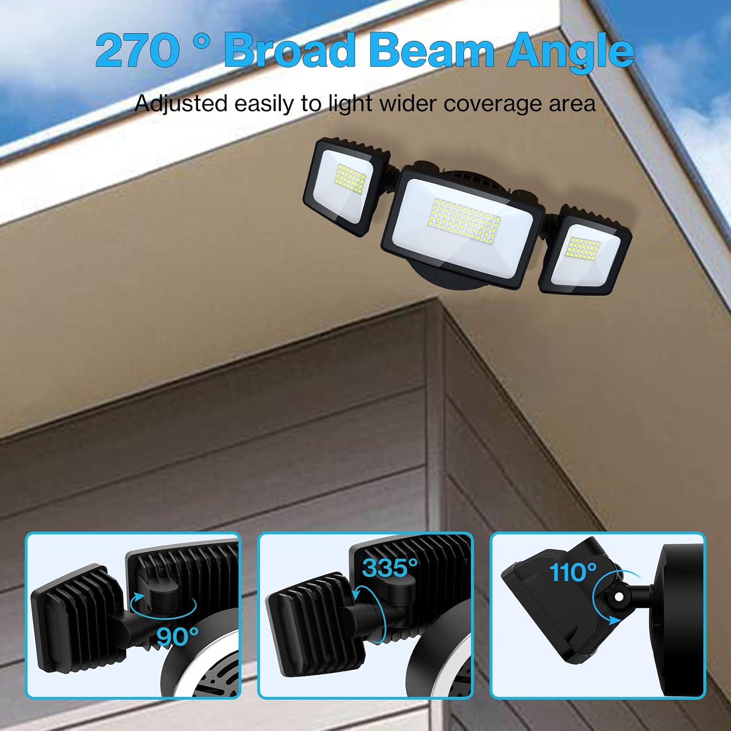 Olafus 55W Flood Lights Outdoor, 5500LM LED Security Lights, IP65 Waterproof Outside Floodlights with 3 Adjustable Heads, 6500K Exterior Flood Light Fixture Wired for House Yard Patio Porch Eave Black