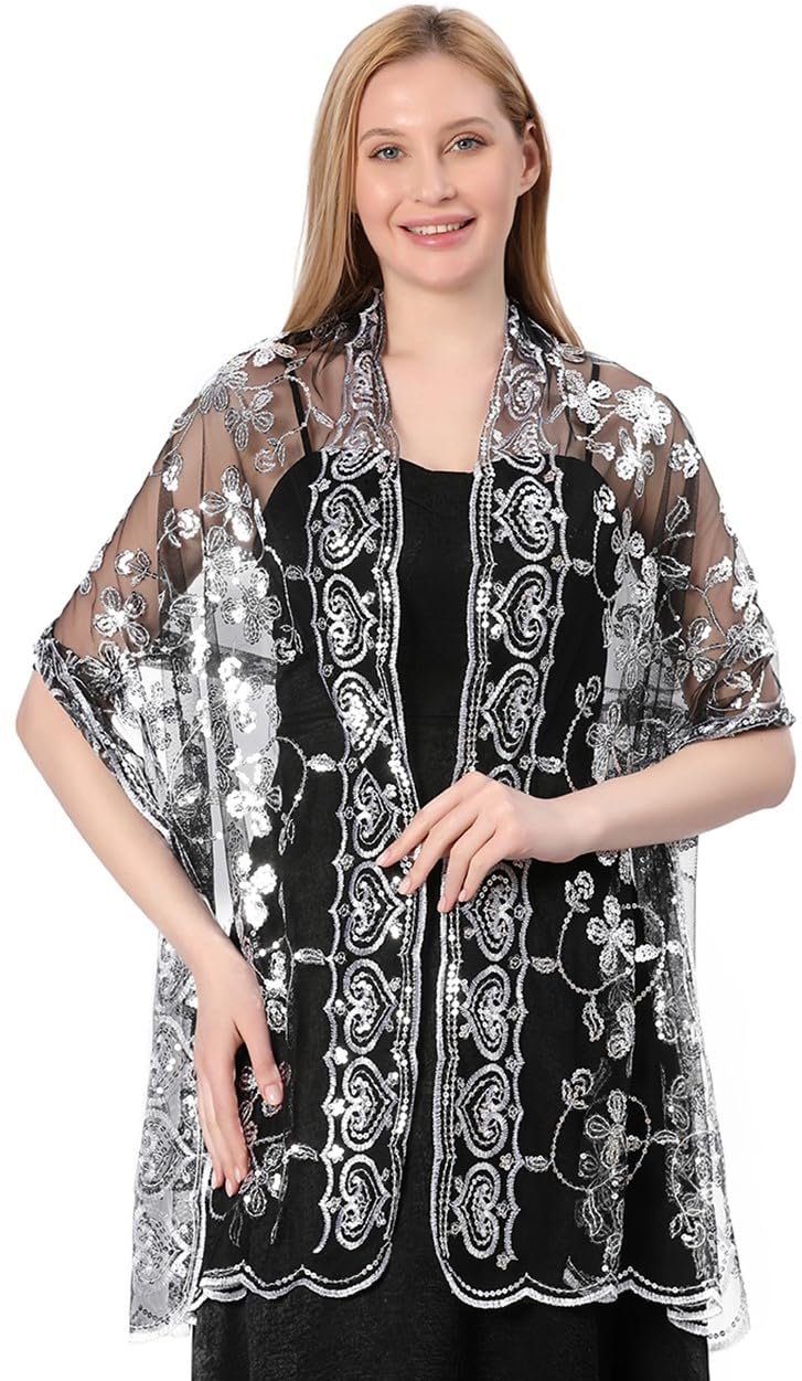 Central Chic Sequin Shawl Pashmina Wrap Scarf Cover Up Wedding Bridal Bridesmaids Dresses Wrap Sequin Scarves (Silver/Black)