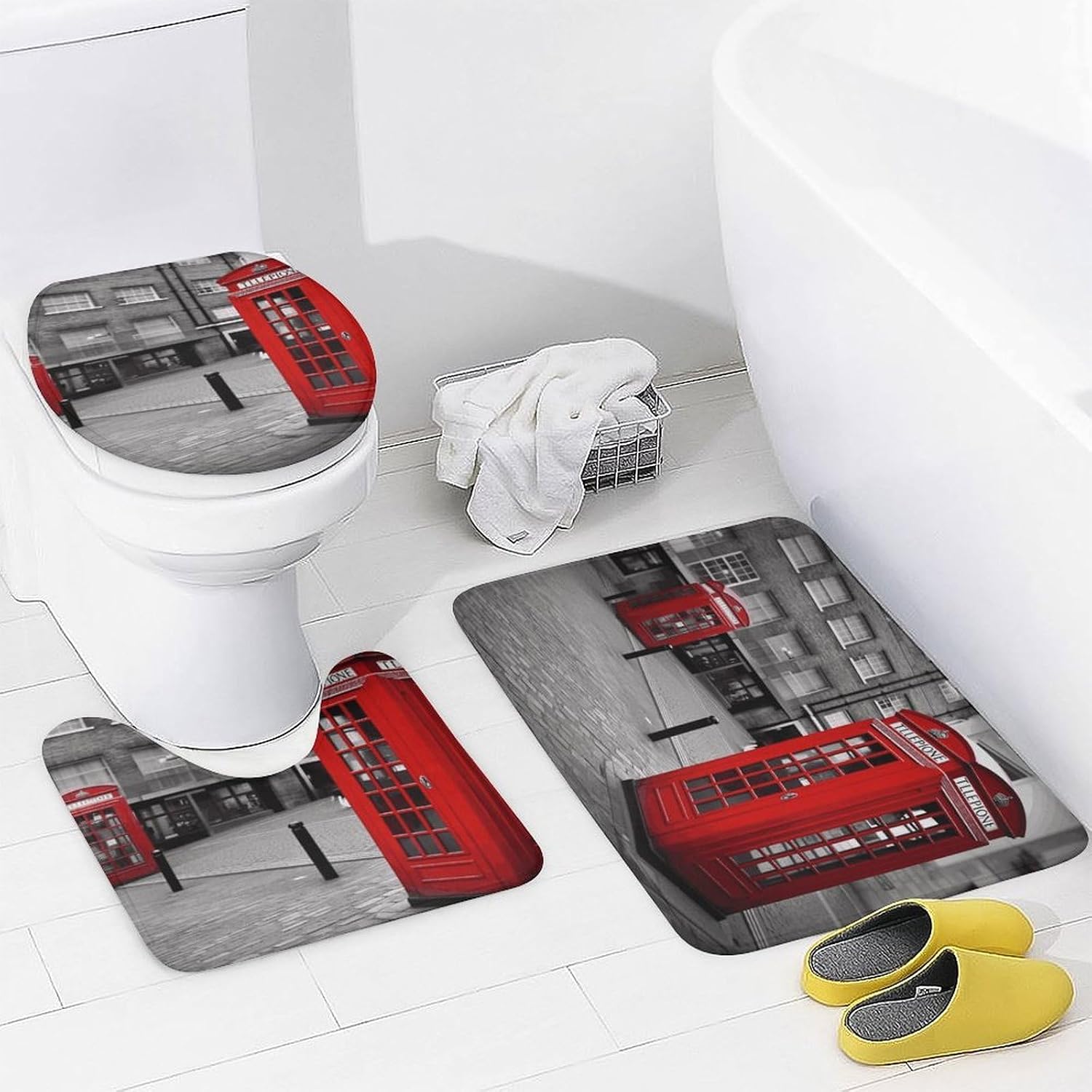 London Red Telephone Booth Bath Rug Set 4 Piece,Bathroom Accessories Set-Toilet Rugs U Shaped,Toilet Lid Cover,Shower Curtain and Rugs,Ultra Soft, Absorbent,Home Decor