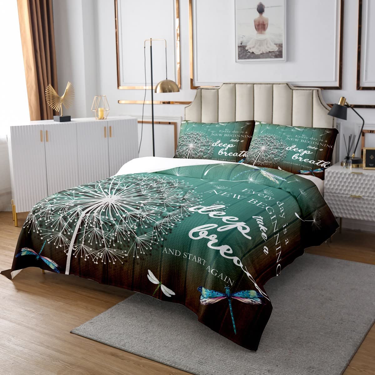 Erosebridal Dragonfly Gifts for Women,Dandelion Quilted Dragonflies Bedspread for Lady Girls Flowers Coverlet Set Botanical Weed Quilt Set Rustic Aesthetic Animal Room Decor Twin